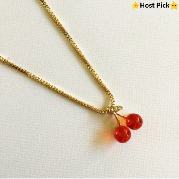 None Jewelry - Golden Red Cherries pendant Crystal Rhinestone Leaf Gold-tone Necklace - NWT